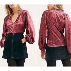 Free People Go Get Em Crushed Velvet Mauve Balloon Sleeve Top Blouse Size SP
